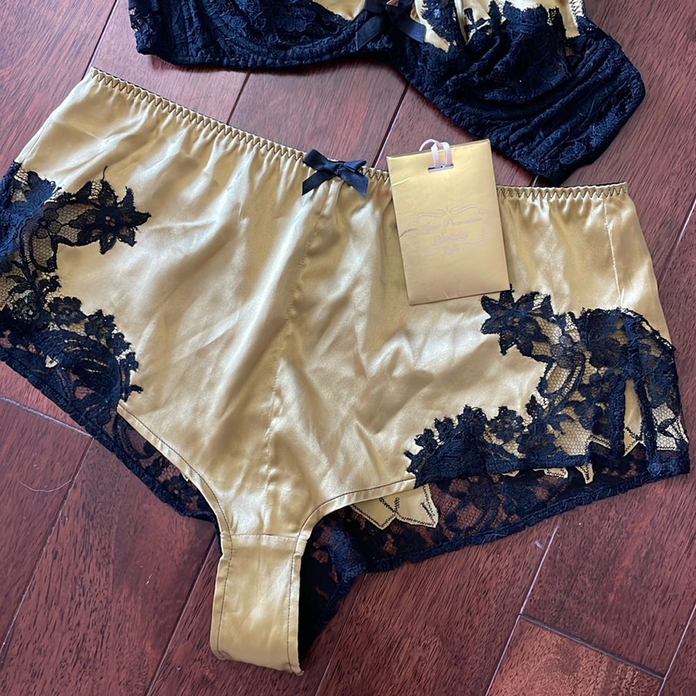 NWT Agent Provocateur Soirée Nayeli Gold Black Silk French Brief M - Picture 3 of 5